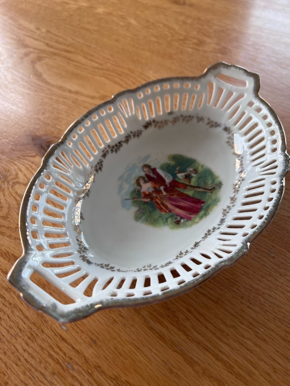 Vintage Oval Porcelain Bowl With A Lace Cut Out Made In Germany- Handles